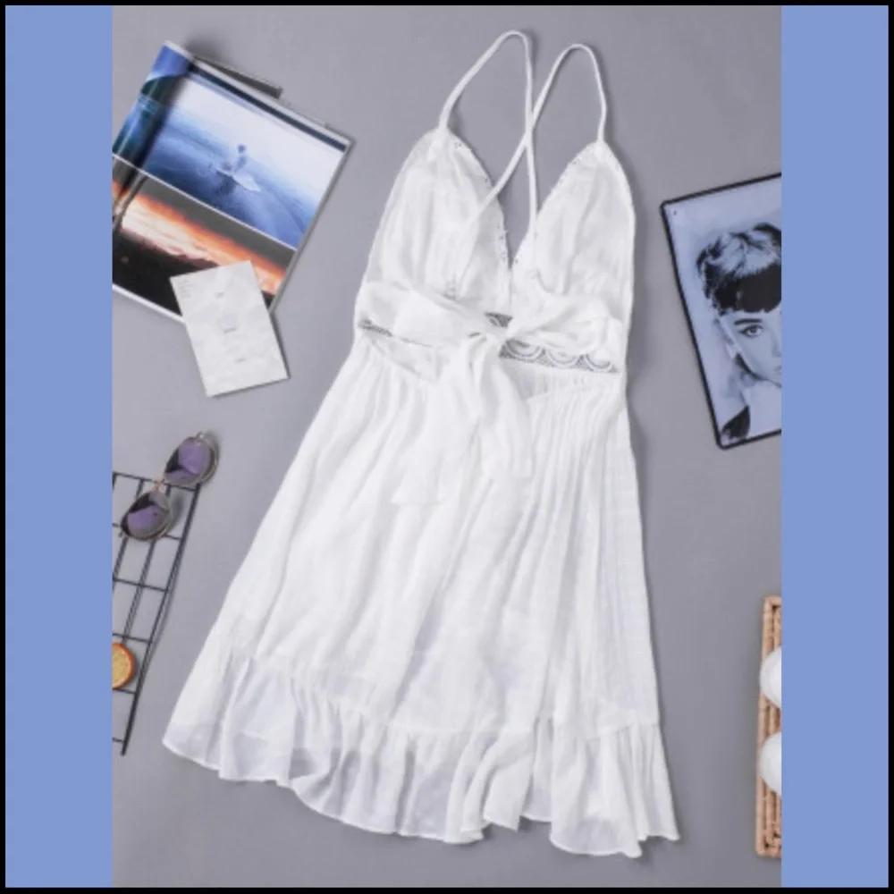 WHITE LACE SPLICING CRISS CROSS LACE-UP V NECK CAMI DRESS Sz M - Picture 10 of 16
